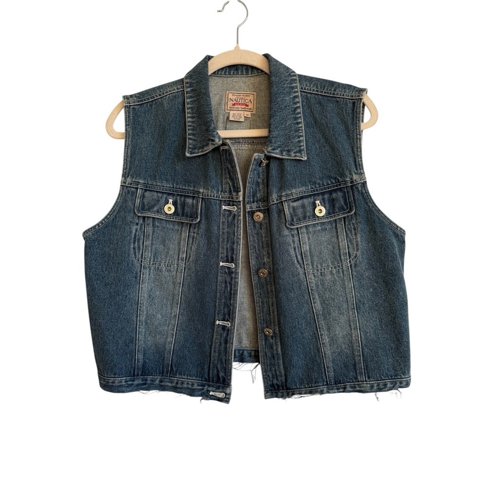 Vintage Nautica Denim Vest Raw Hem Women's Size 12 Biker Collared Pockets 90s